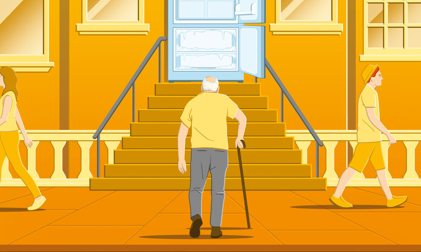 Die Illustration zeigt einen älteren Mann, der sich auf den Weg zu einem kühlen Raum macht.