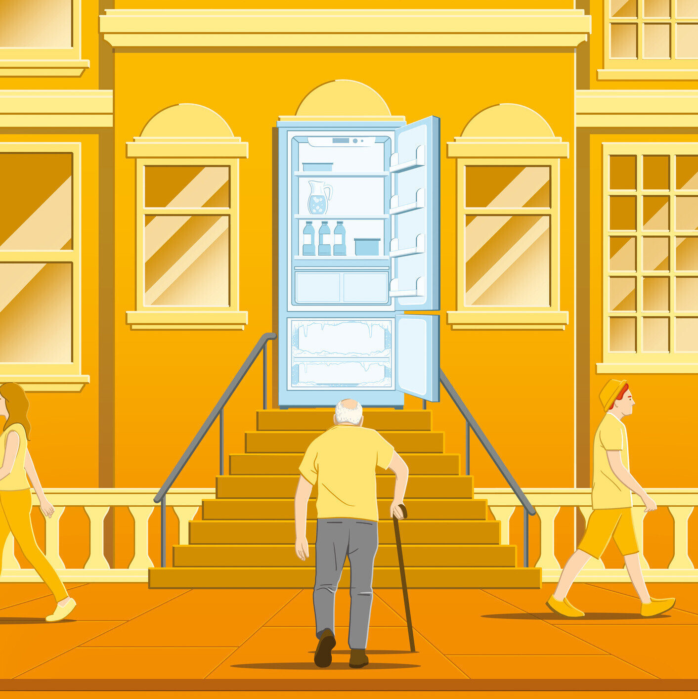 Die Illustration zeigt einen älteren Mann, der sich auf den Weg zu einem kühlen Raum macht.