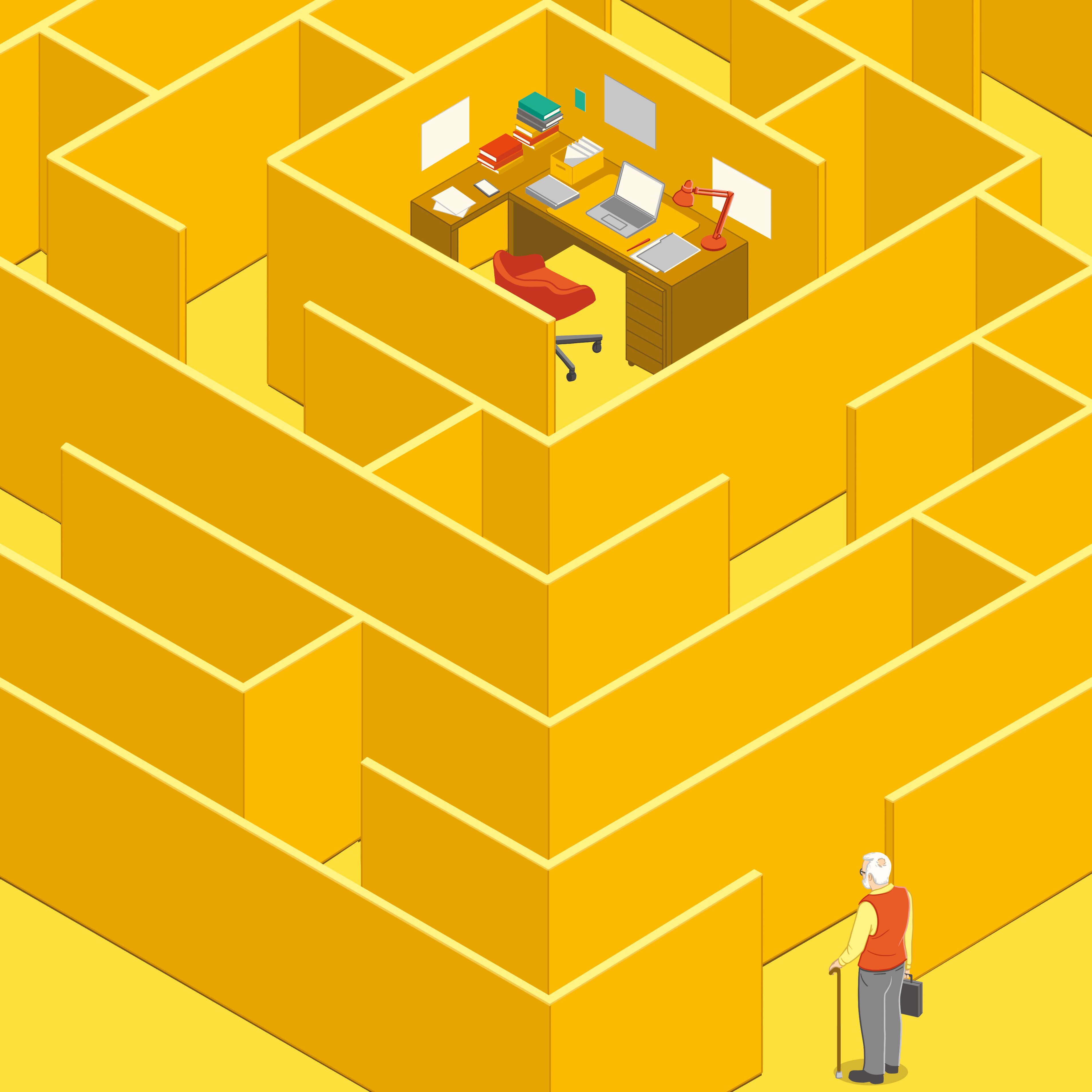 Die Illustration thematisiert mit einem Labyrinth die Arbeit nach dem Eintritt ins Rentenalter. 