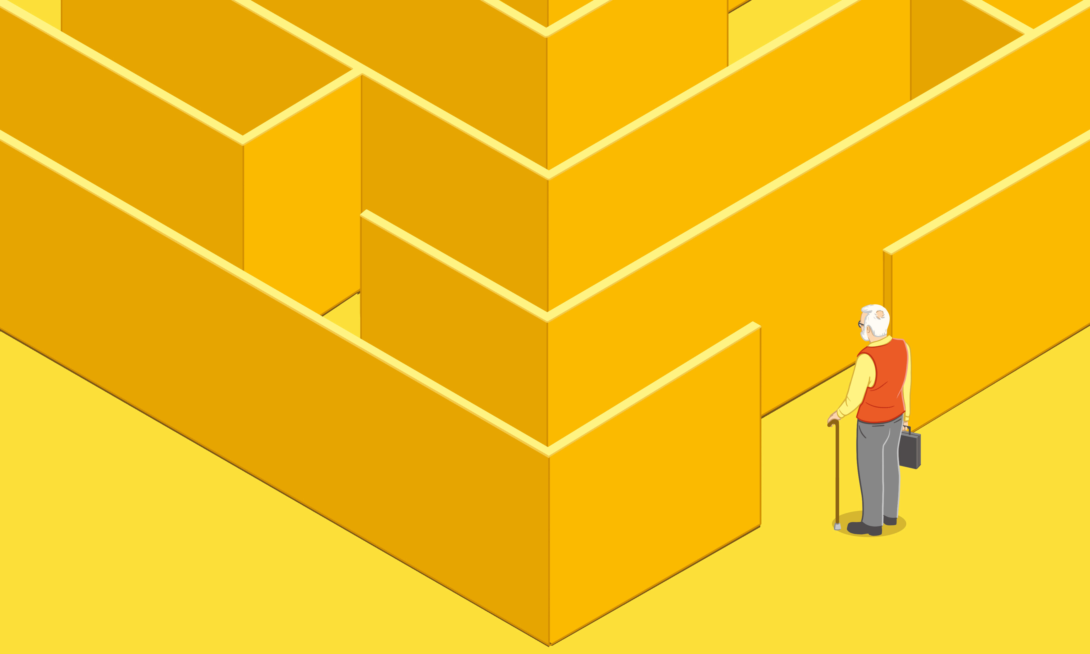 Die Illustration thematisiert mit einem Labyrinth die Arbeit nach dem Eintritt ins Rentenalter. 