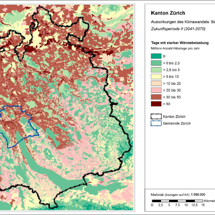 Diese Kartengrafik zeigt die Verteilung von Hitzetagen im Kanton Zürich.