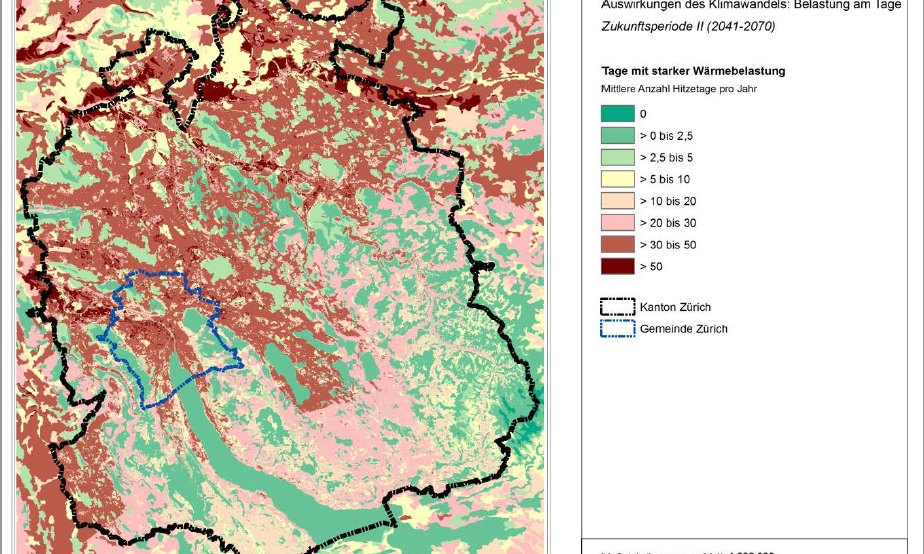 Diese Kartengrafik zeigt die Verteilung von Hitzetagen im Kanton Zürich.