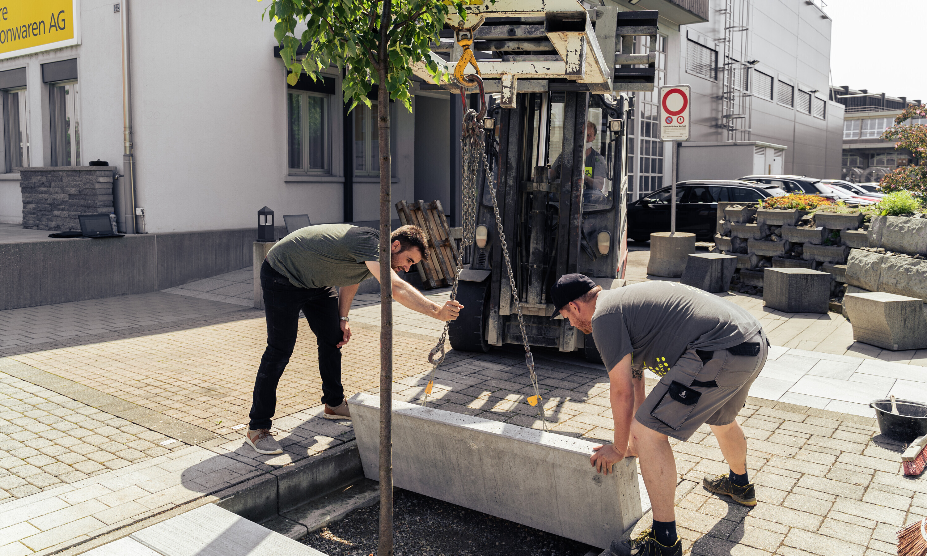 Die Installation der intelligenten Baumgrube übernehmen drei Männer, wobei auch ein Frontstapler zum Einsatz kommt.