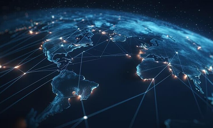 Die dunkle Weltkarte zeigt lichthelle Datenverbindungen, die an ein Strassennetz erinnern.