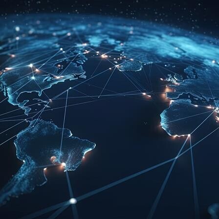 Die dunkle Weltkarte zeigt lichthelle Datenverbindungen, die an ein Strassennetz erinnern.