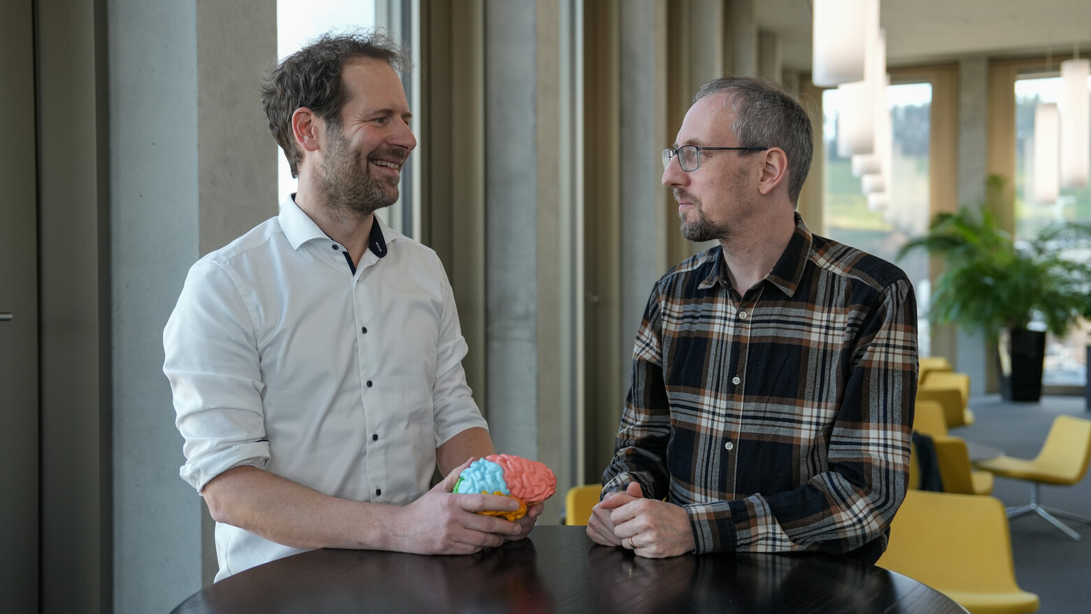 Zwei Forscher der OST stehen an einem Tisch und diskutieren über neue Diagnose- und Therapie-Möglichkeiten für Tinnitus.