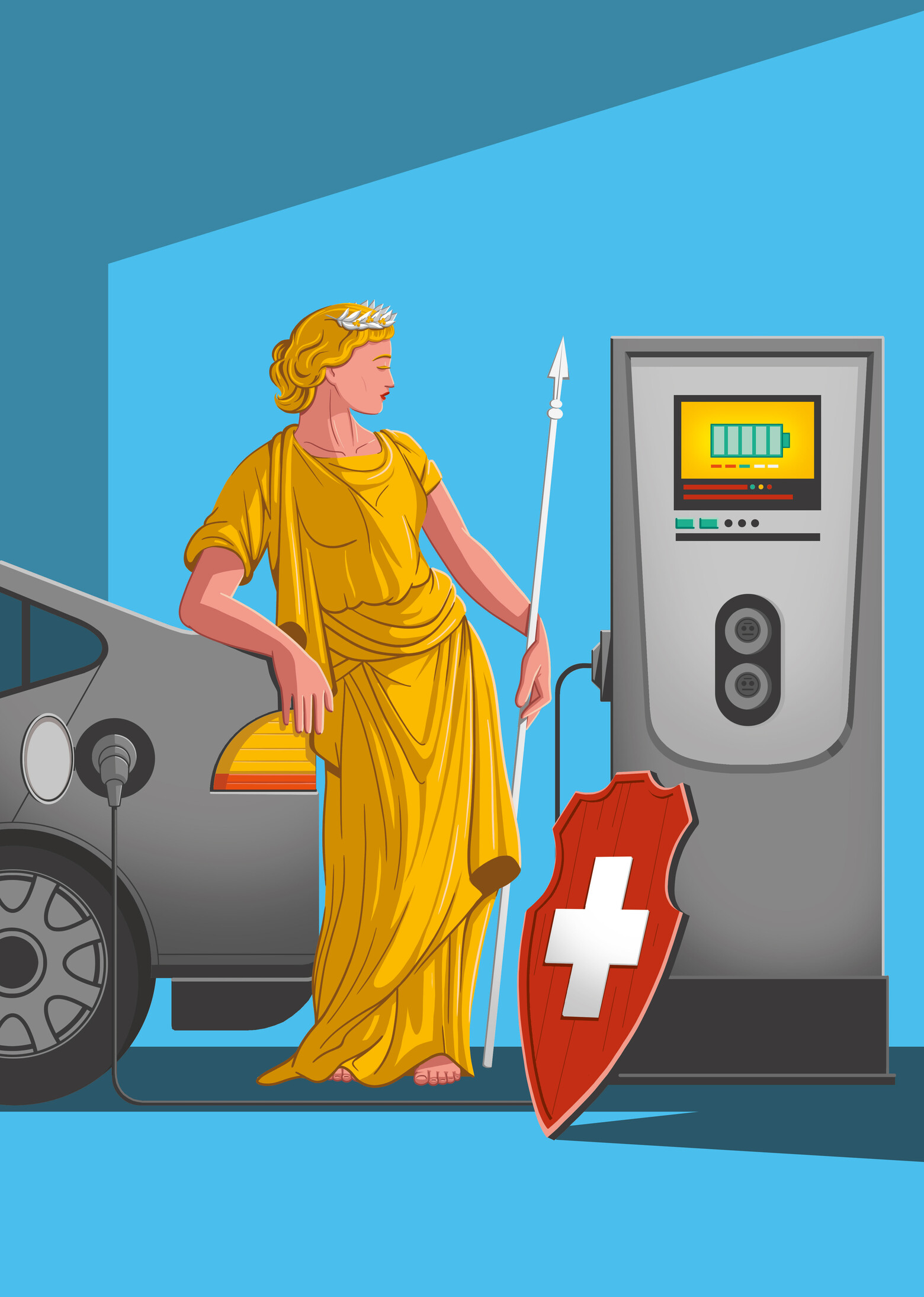 Grafik einer Helvetiafigur, die an Tankstelle steht