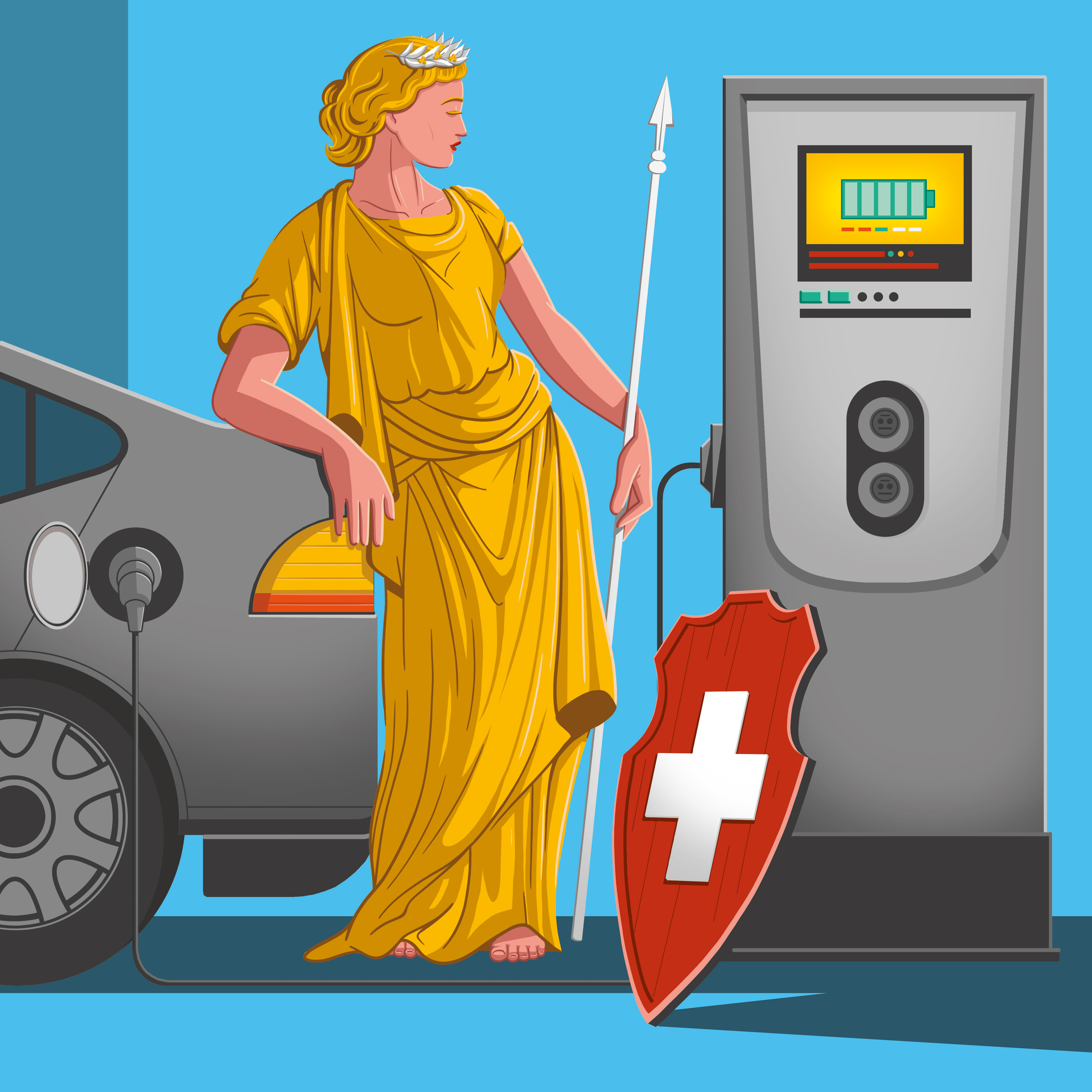 Grafik einer Helvetiafigur, die an Tankstelle steht