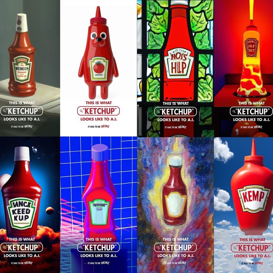 Je nach Prompt fabriziert die KI eine andere Variante einer Ketchupflasche. Das Bild zeigt zwölf verschiedene Resultate. 