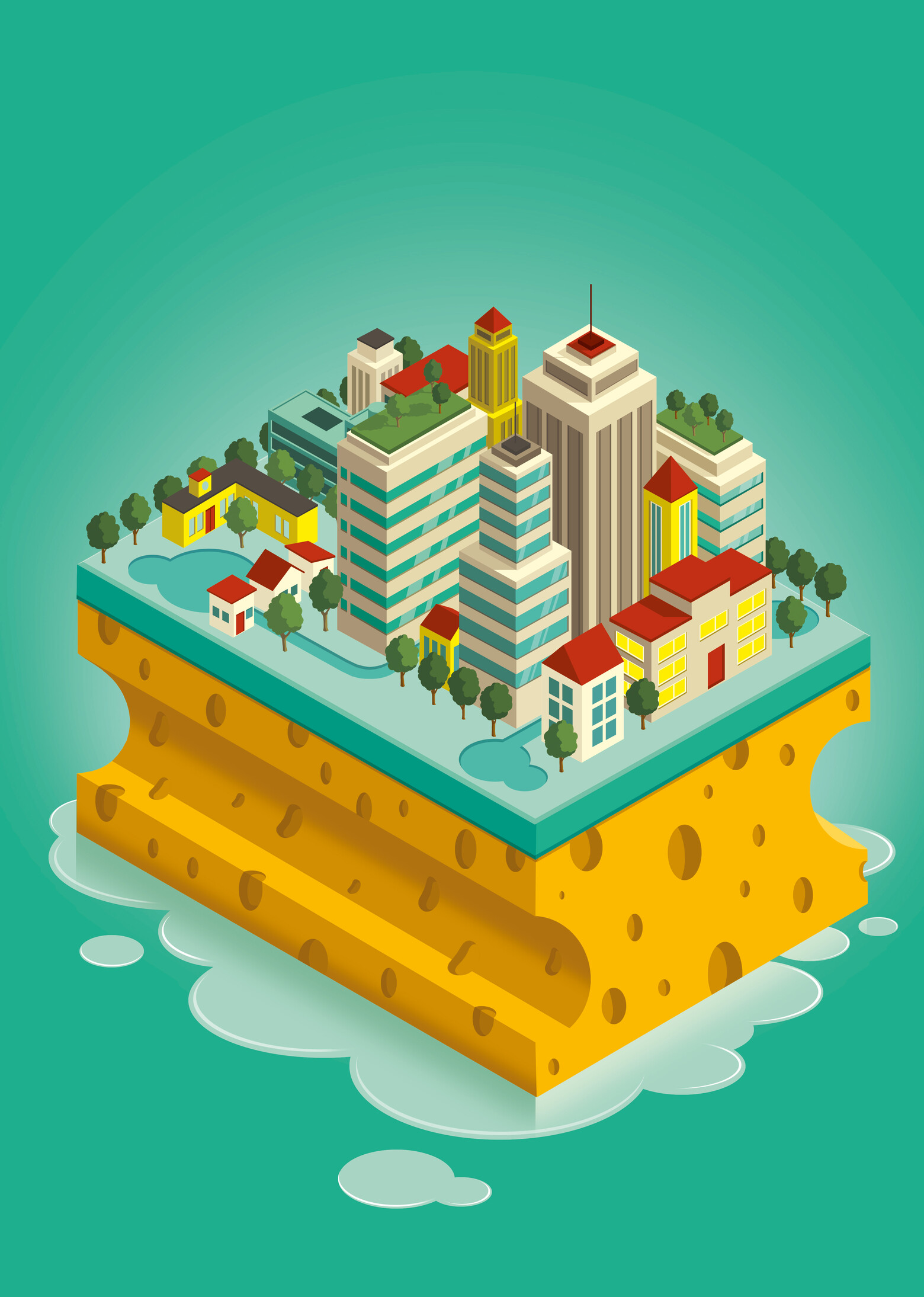 Ein Schwamm, der mit Hochhäusern bebaut ist, illustriert den Gedanken der Schwammstadt.