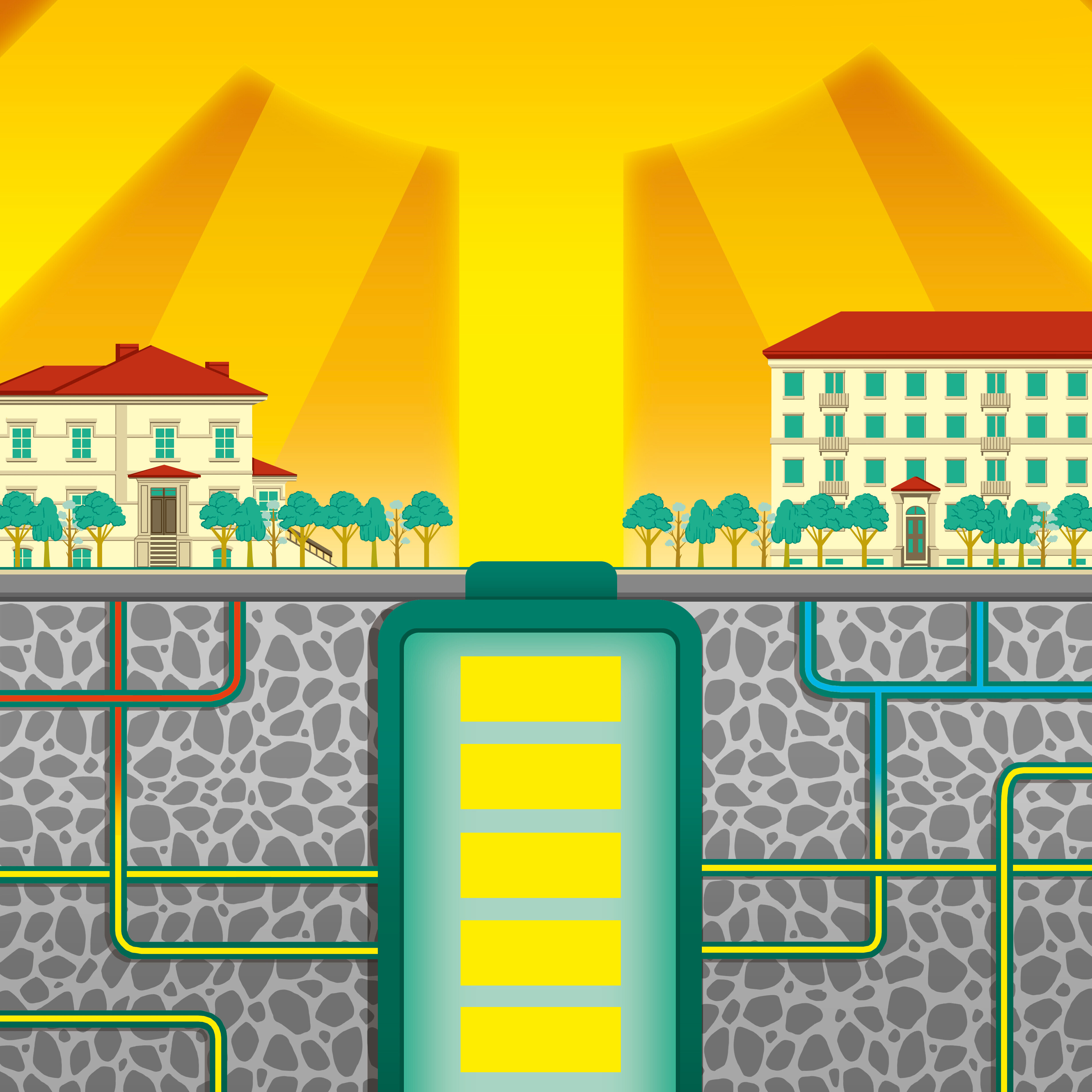 Die Illustration zeigt eine große Batterie unter der Erde, von der die Häuser Energie beziehen. Die Sonne am oberen Bildrand symbolisiert die Solarenergie.
