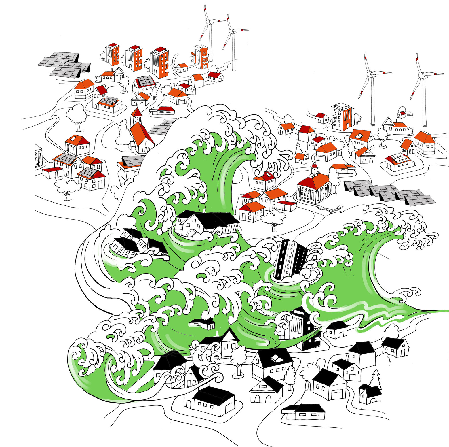In dieser gezeichneten Grafik gehen grosse Wellen über eine Siedlung mit Häusern.