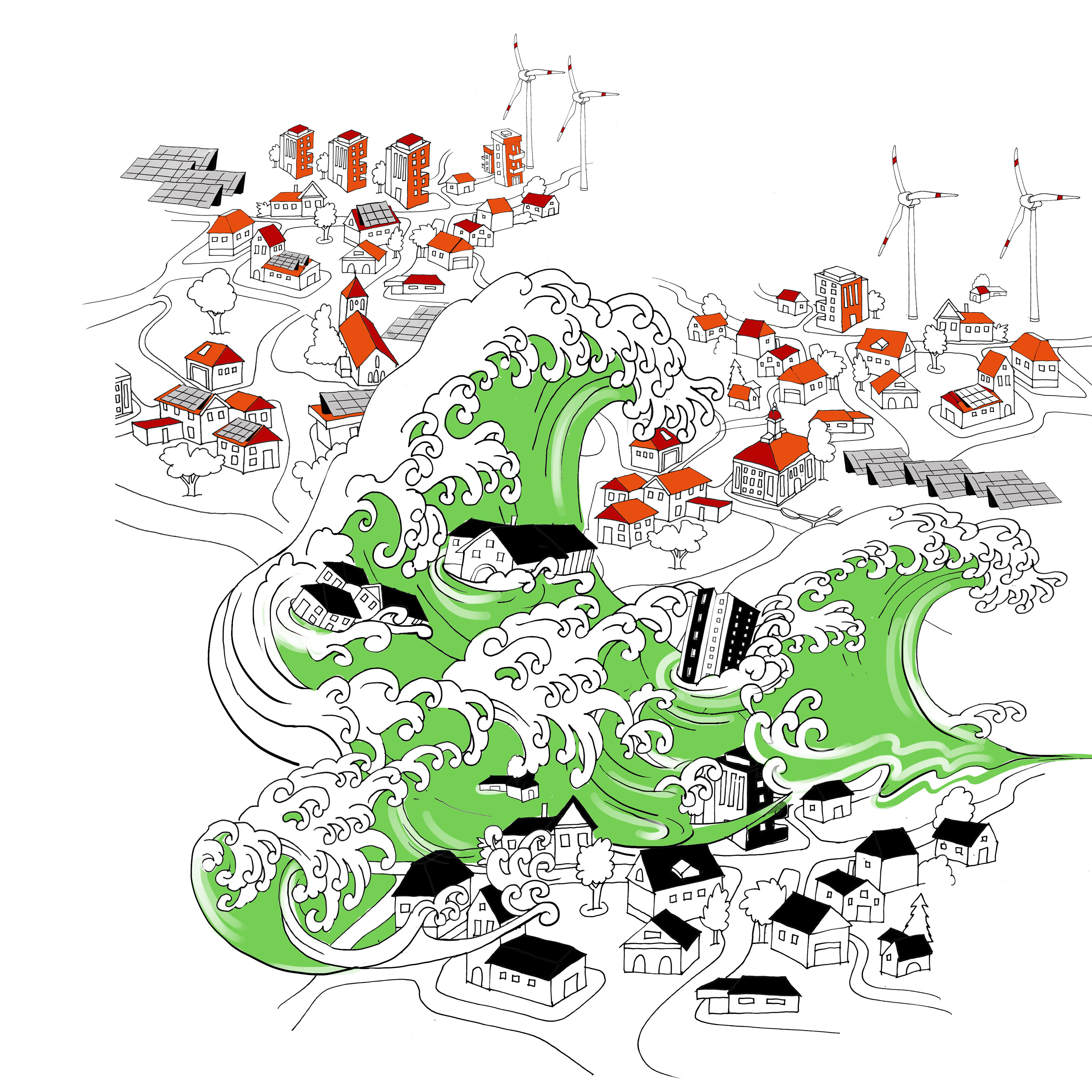 In dieser gezeichneten Grafik gehen grosse Wellen über eine Siedlung mit Häusern.