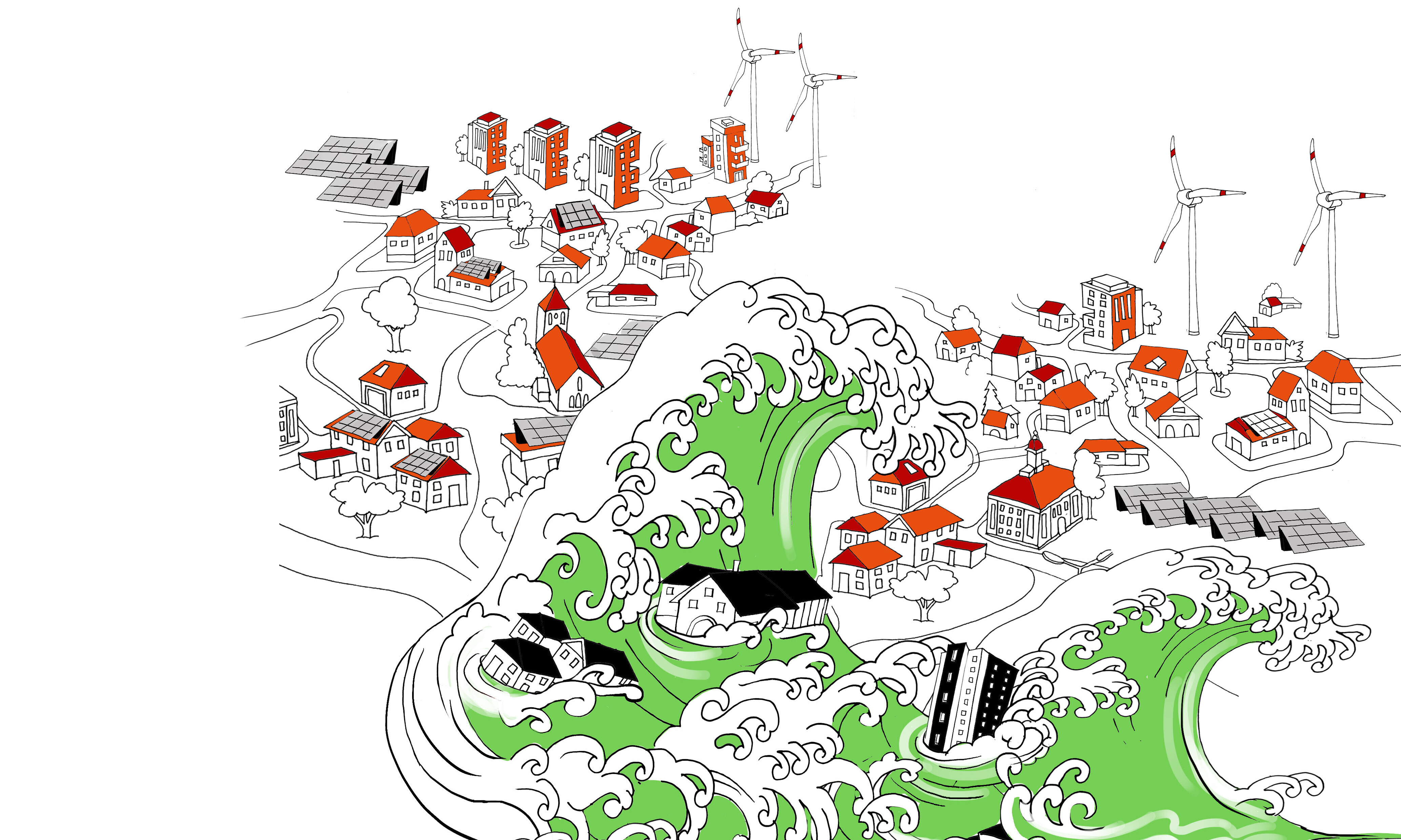 In dieser gezeichneten Grafik gehen grosse Wellen über eine Siedlung mit Häusern.