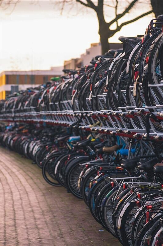 Auf diesem Bild sieht man die Hinterräder vieler Velos in den doppelstöckigen Veloständern am Bahnhof.