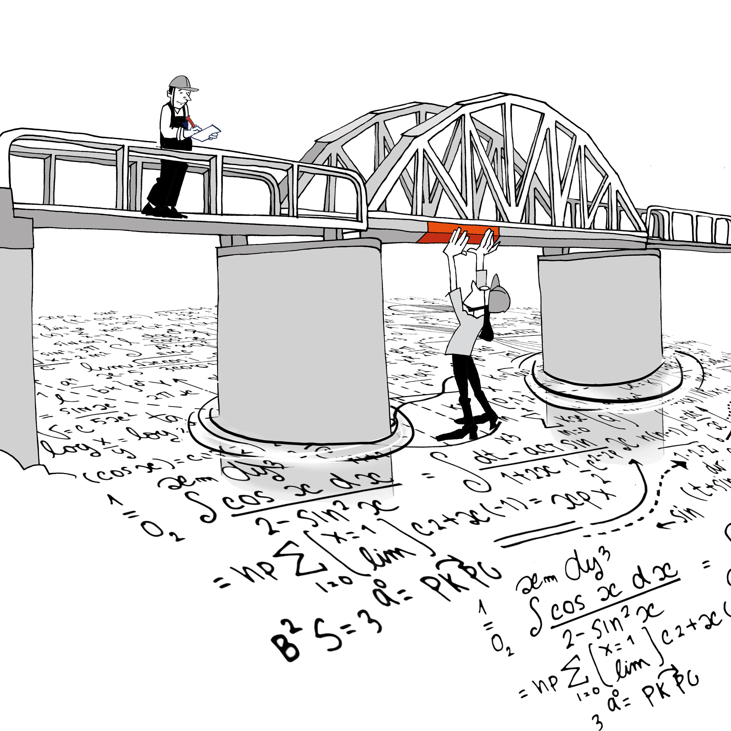 Diese gezeichnete Grafik illustriert anhand mathematischer Formeln, wie komplex die Überwachung von Brücken ist.