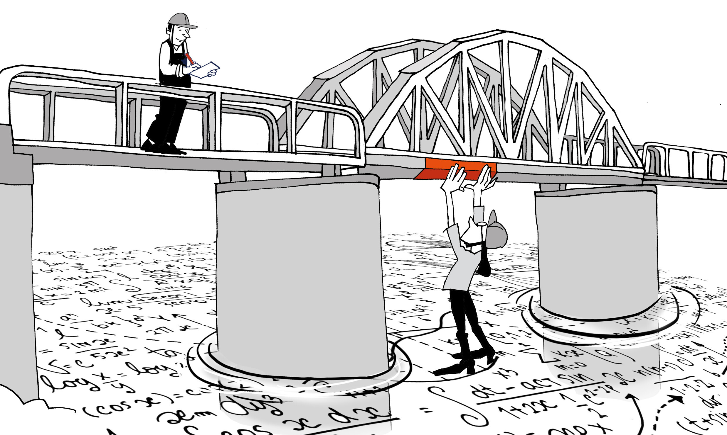 Diese gezeichnete Grafik illustriert anhand mathematischer Formeln, wie komplex die Überwachung von Brücken ist.