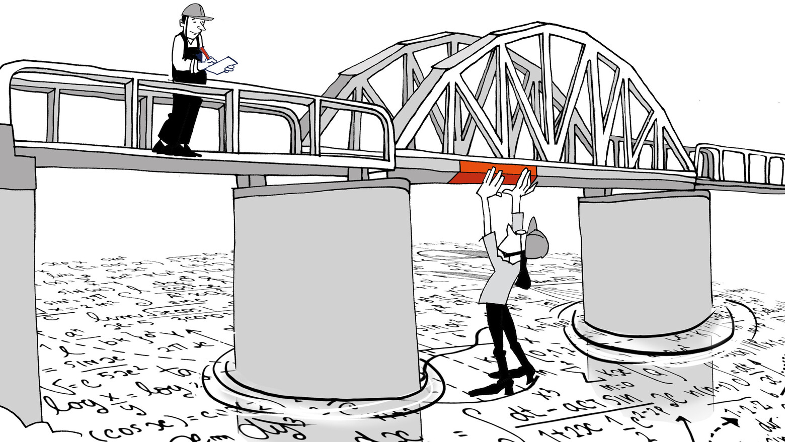 Diese gezeichnete Grafik illustriert anhand mathematischer Formeln, wie komplex die Überwachung von Brücken ist.