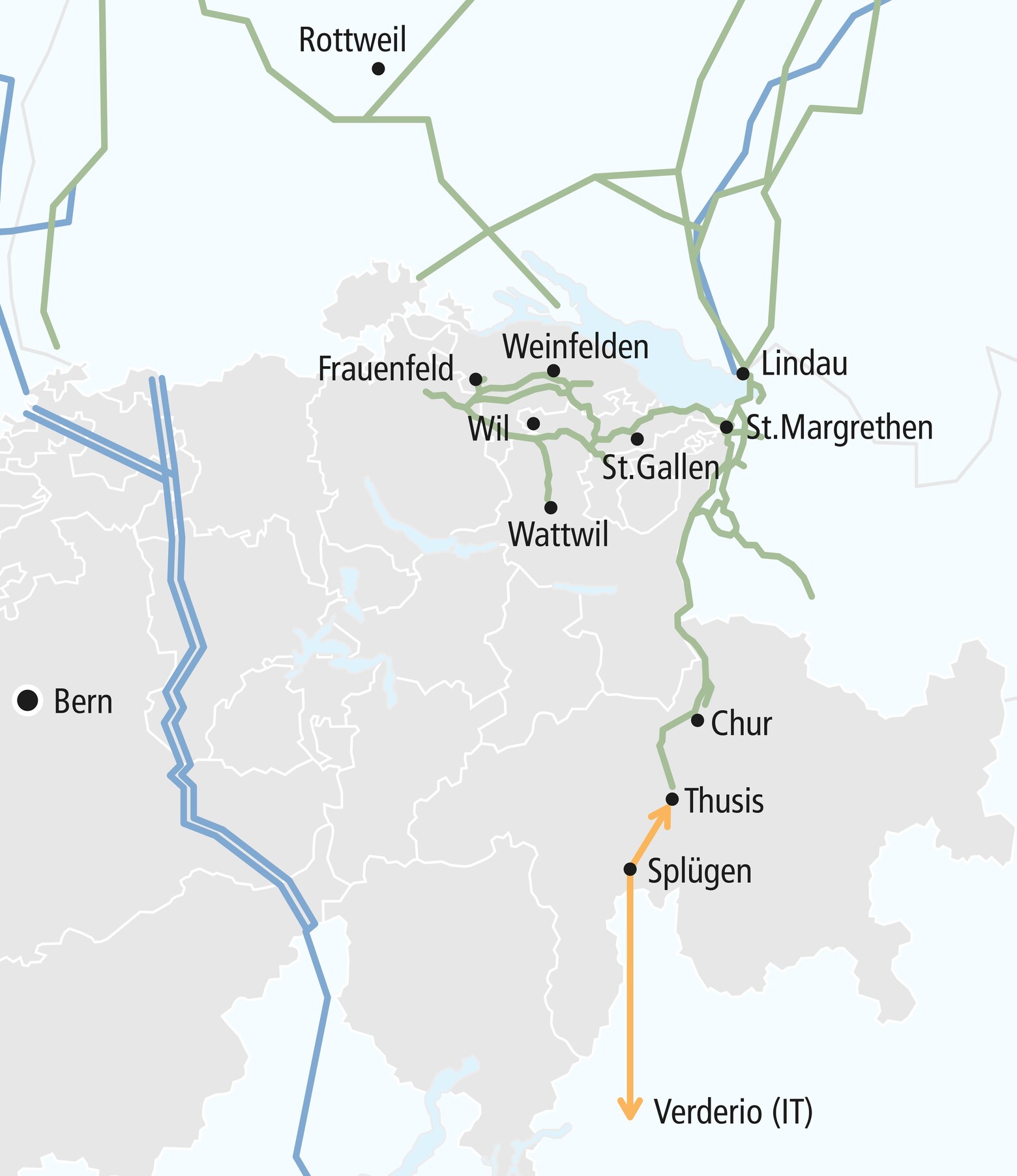 Die Karte zeigt die mögliche Wasserstoffregion Bodensee mit Weinfelden, Frauenfeld, Wil, Wattwil, Lindau, Chur, Thusis.