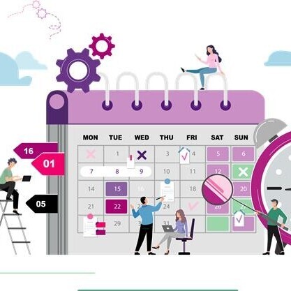 Die Grafik besteht aus verschiedenen Figuren, die am Kalender, an der Uhr oder am Computer arbeiten. Sie sollen die Vielfalt des Arbeitsalltags symbolisieren.