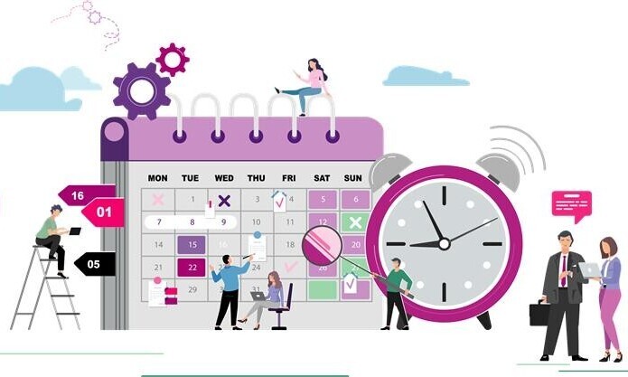 Die Grafik besteht aus verschiedenen Figuren, die am Kalender, an der Uhr oder am Computer arbeiten. Sie sollen die Vielfalt des Arbeitsalltags symbolisieren.