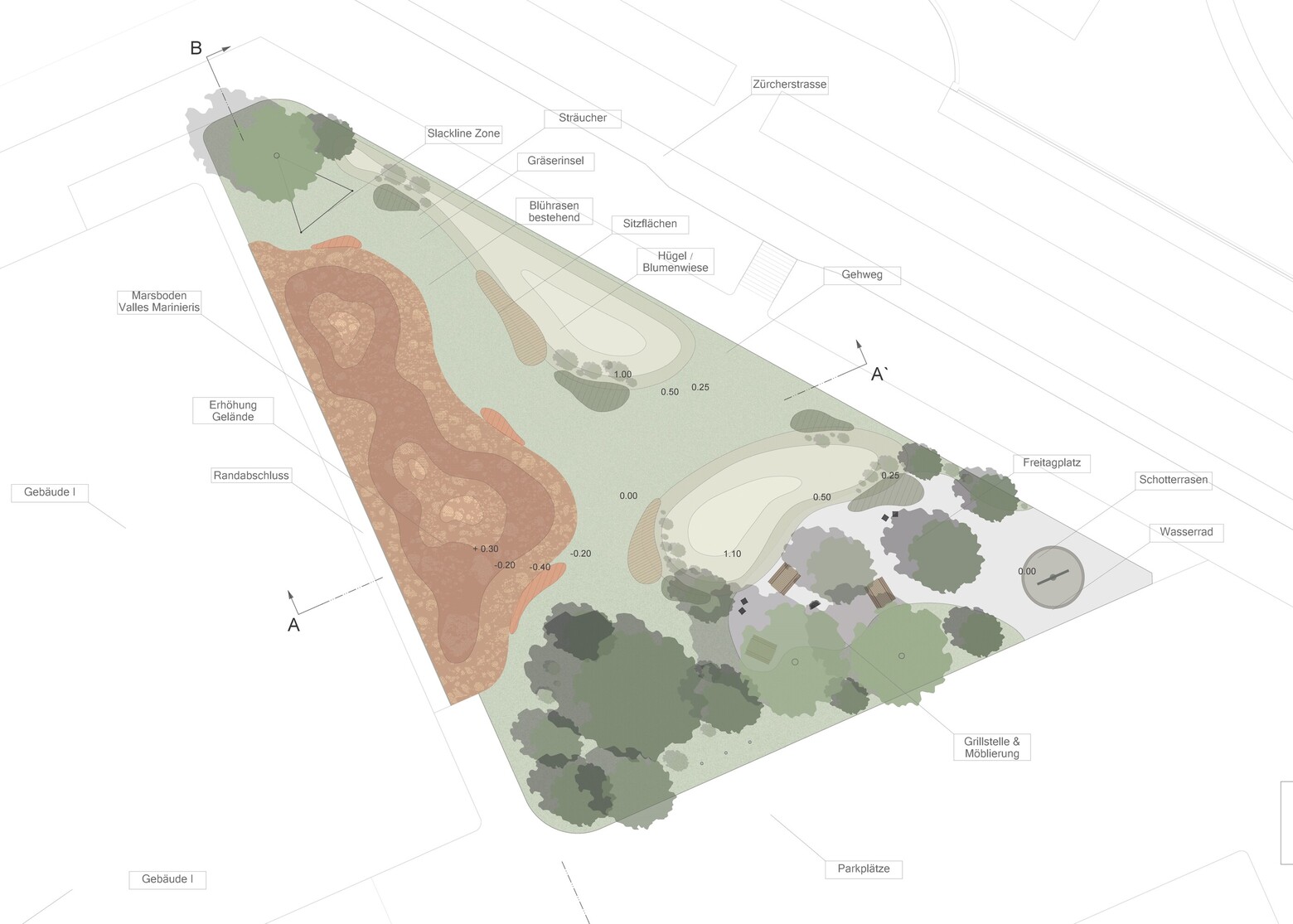 Der Bestandesplan des Leitwentwurfs "Valles Marineris" von Marek Ciesielski und Felix Freitag.