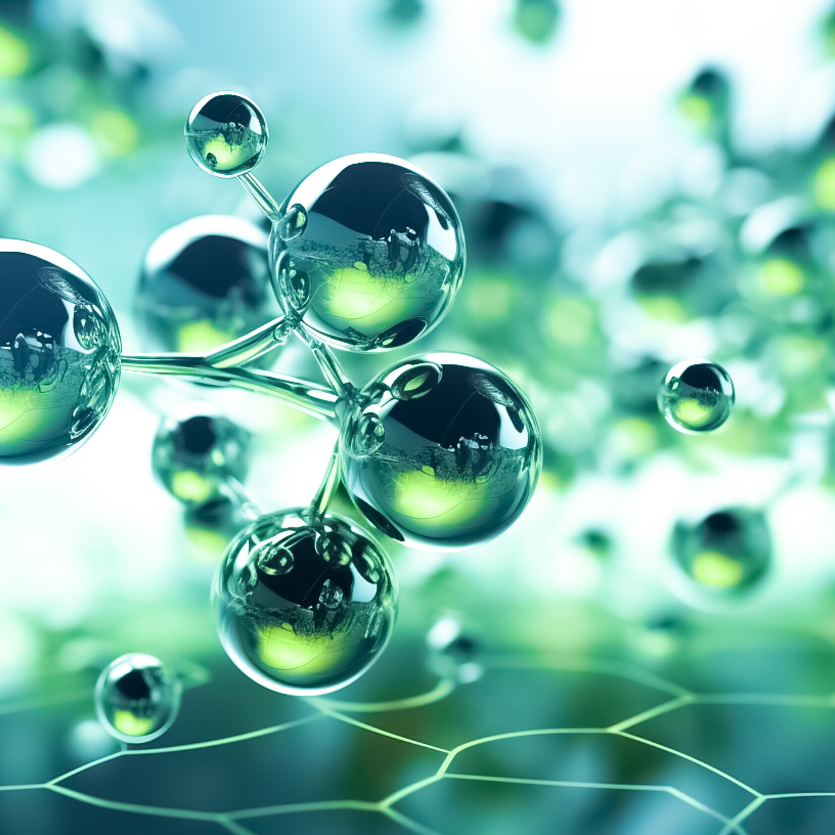 Das Bild zeigt eine künstlerische 3D-Darstellung von Molekülen. Die grünliche Farbe soll beispielsweise ökologischen Wasserstoff (H₂) symbolisieren.