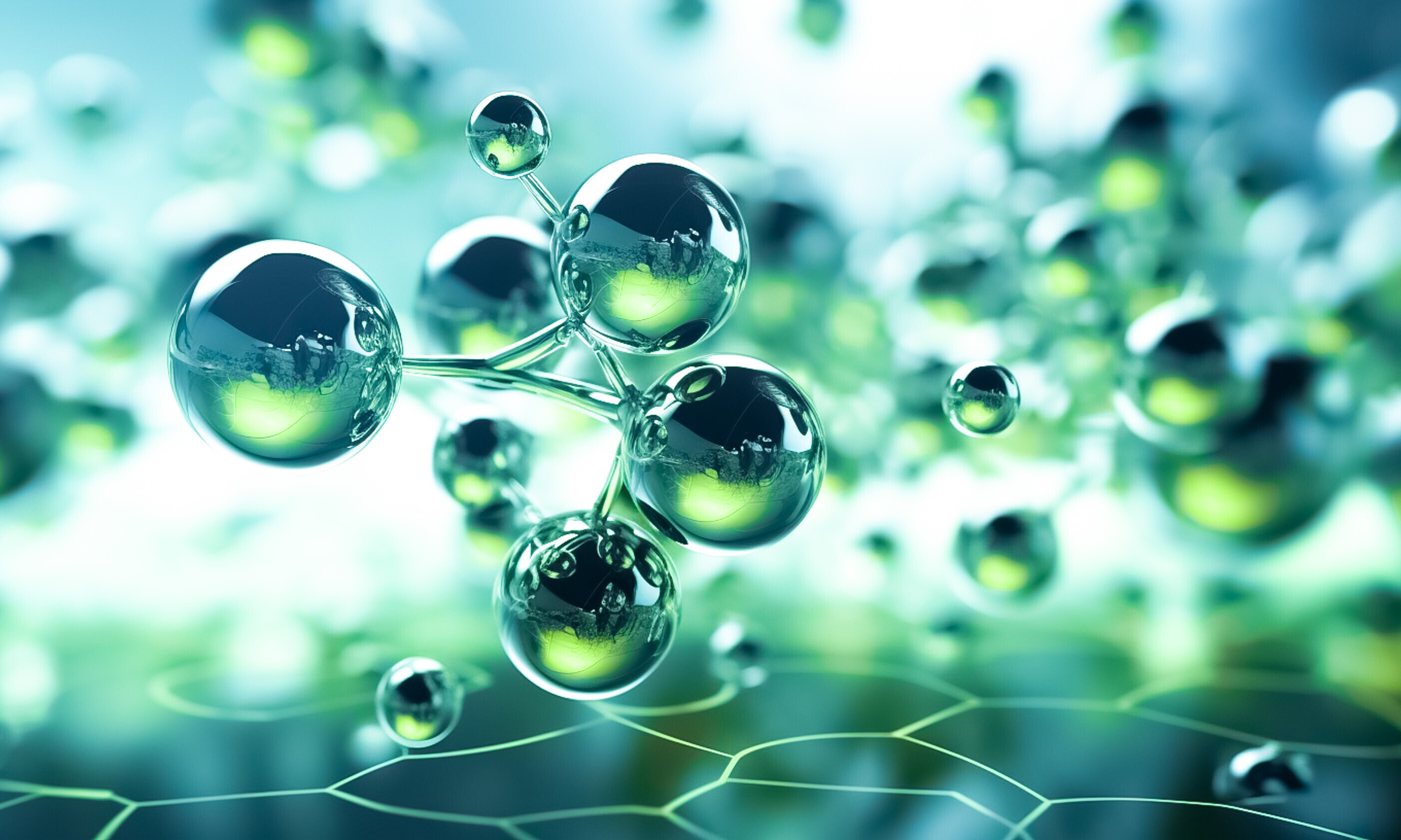 Das Bild zeigt eine künstlerische 3D-Darstellung von Molekülen. Die grünliche Farbe soll beispielsweise ökologischen Wasserstoff (H₂) symbolisieren.