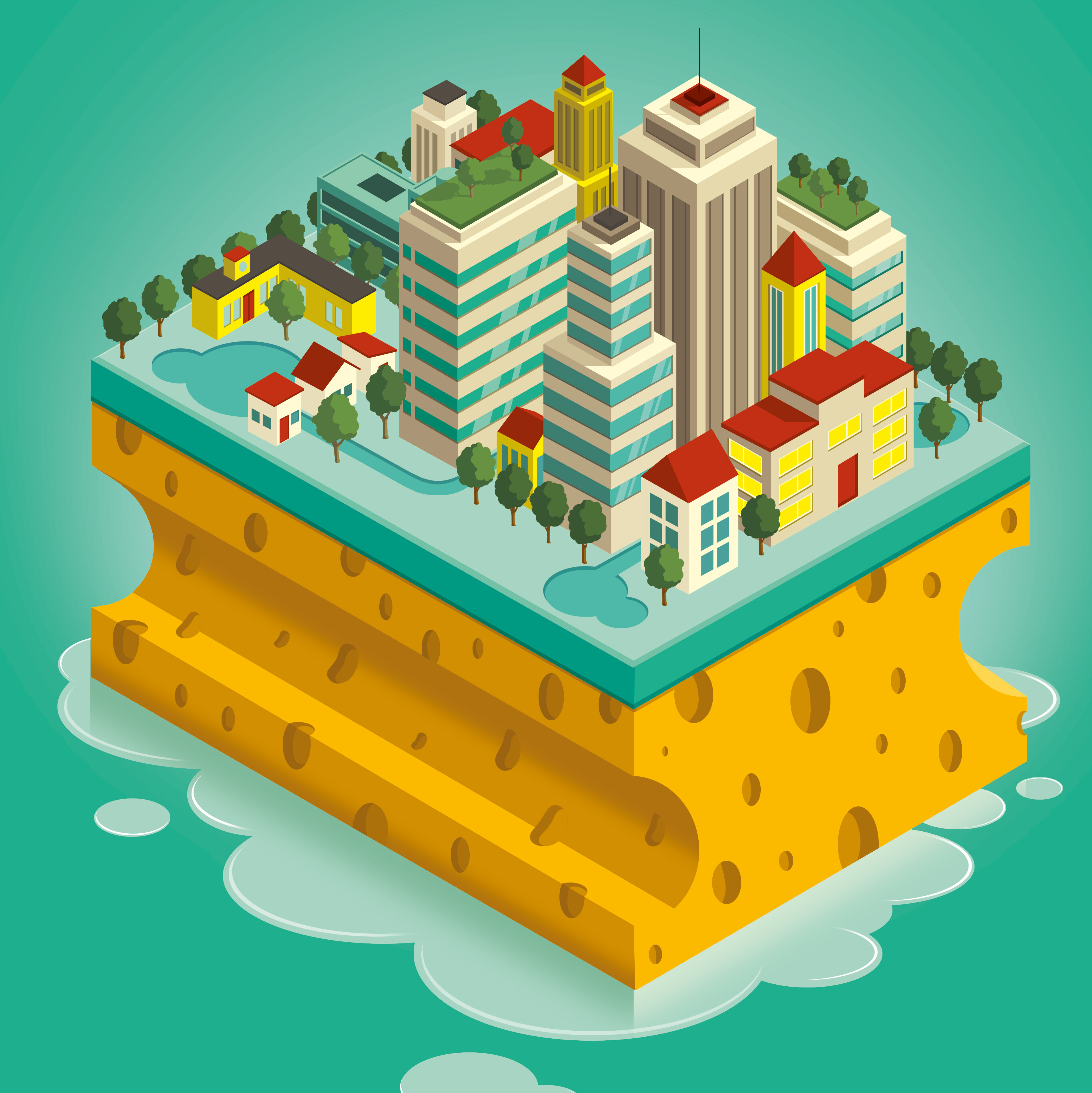 Ein Schwamm, der mit Hochhäusern bebaut ist, illustriert den Gedanken der Schwammstadt.