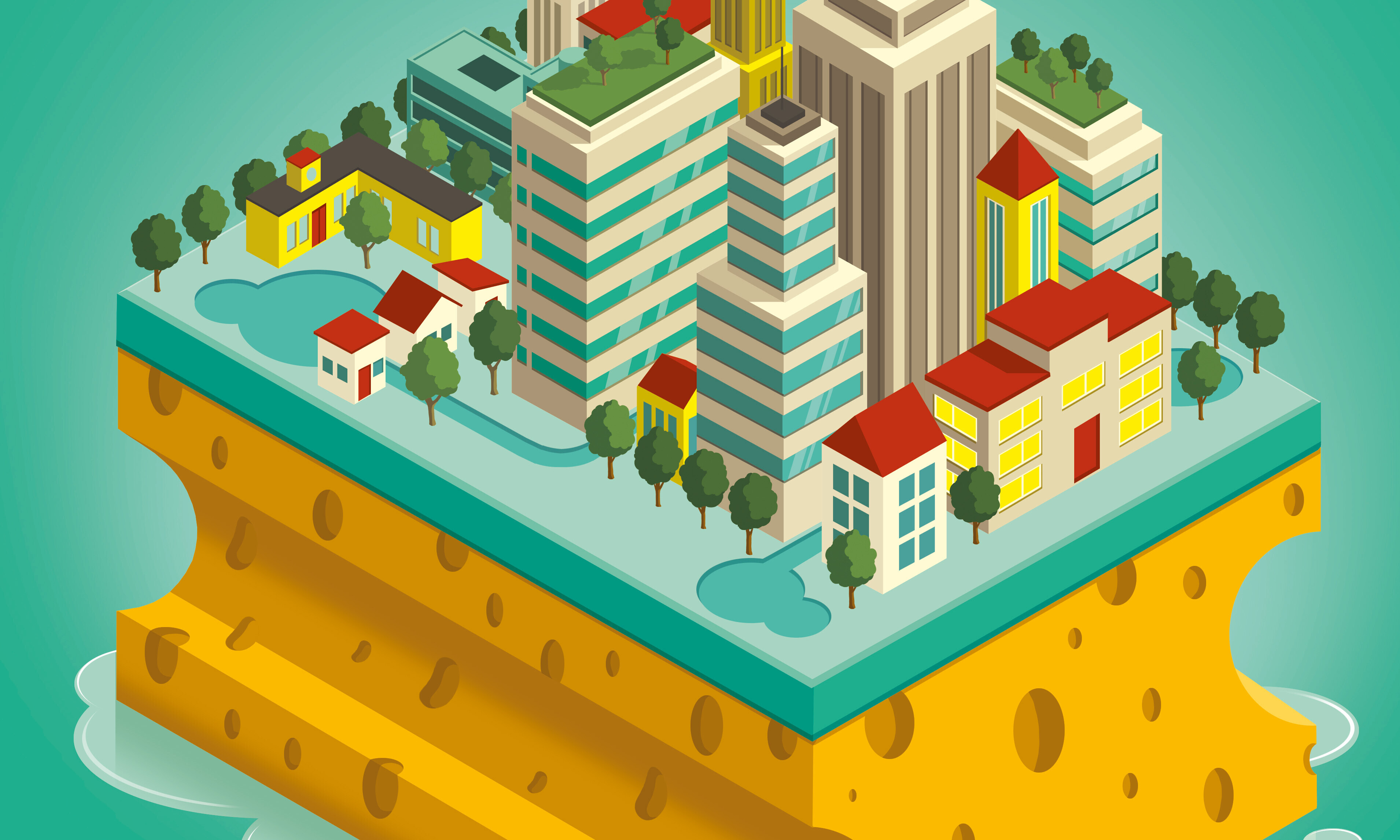 Ein Schwamm, der mit Hochhäusern bebaut ist, illustriert den Gedanken der Schwammstadt.