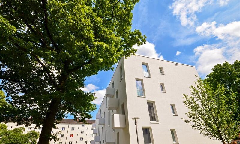 Vor dem Mehrfamilienhaus stehen Bäume mit sattgrünen Blättern.