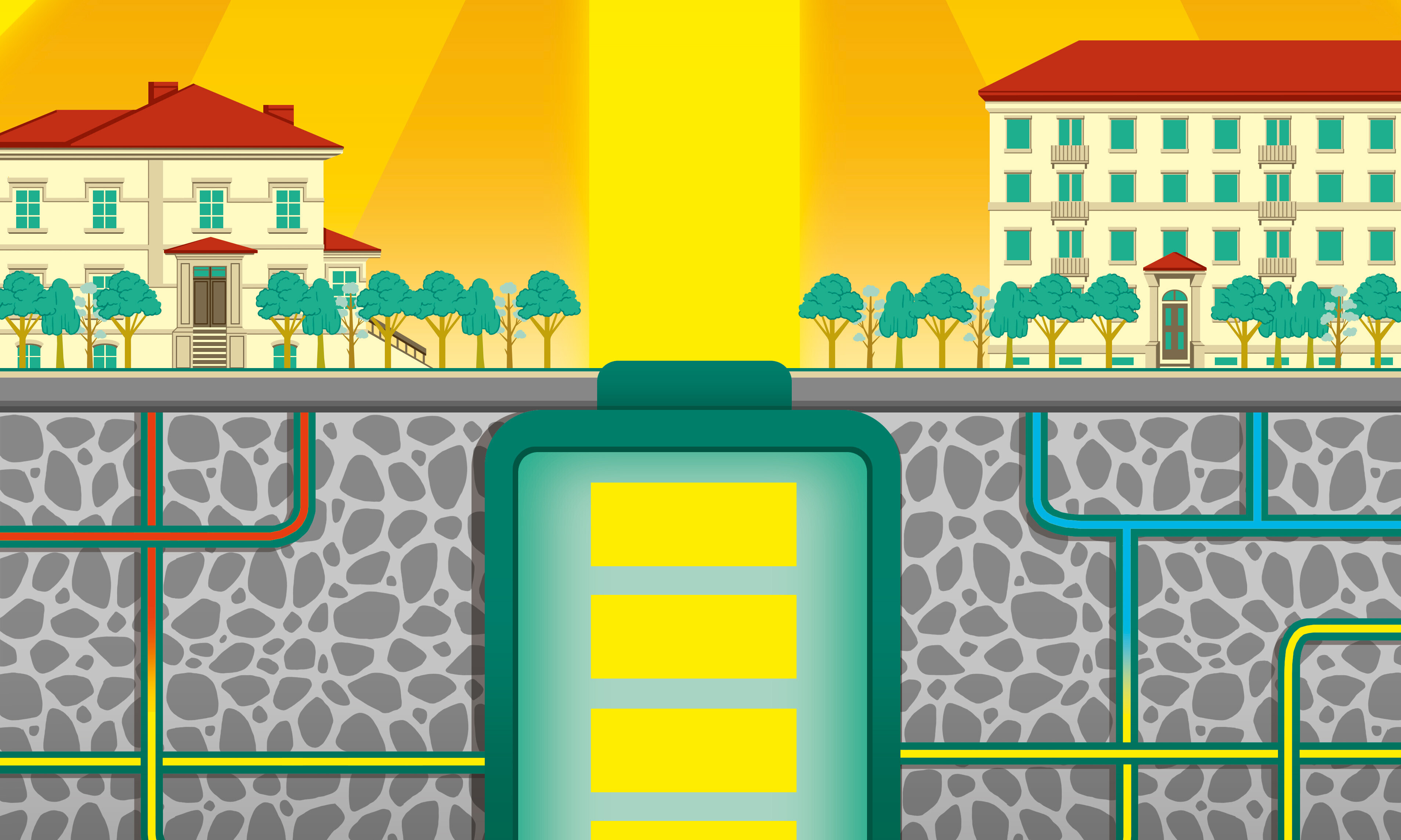 Die Illustration zeigt eine große Batterie unter der Erde, von der die Häuser Energie beziehen. Die Sonne am oberen Bildrand symbolisiert die Solarenergie.