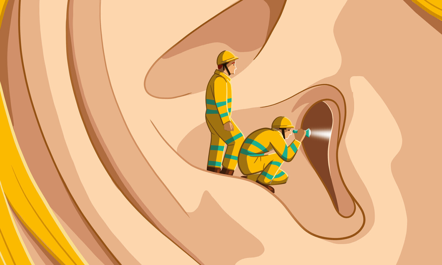 Die Illustration zeigt zwei Forschende in einem Ohr, diese sind auf der Suche nach einer objektiven Diagnosemöglichkeit der Krankheit. 
