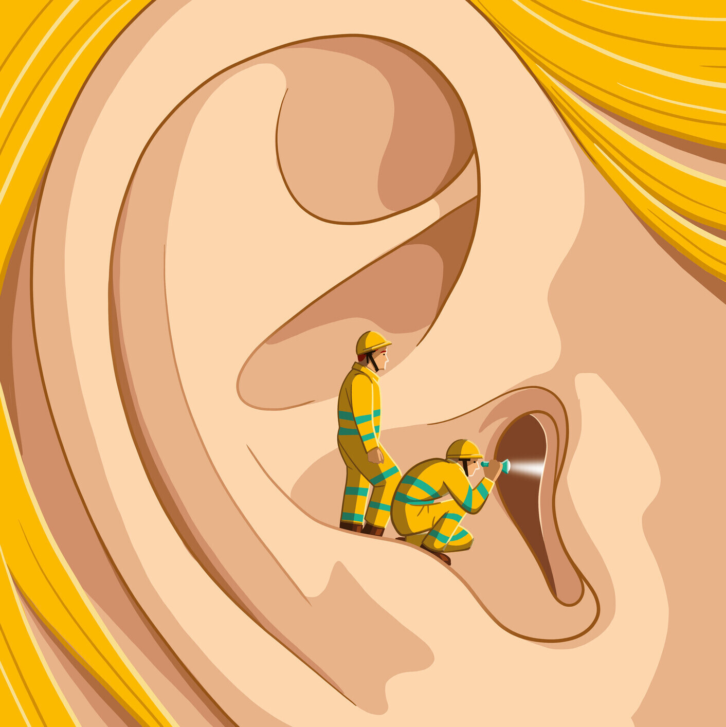 Die Illustration zeigt zwei Forschende in einem Ohr, diese sind auf der Suche nach einer objektiven Diagnosemöglichkeit der Krankheit. 