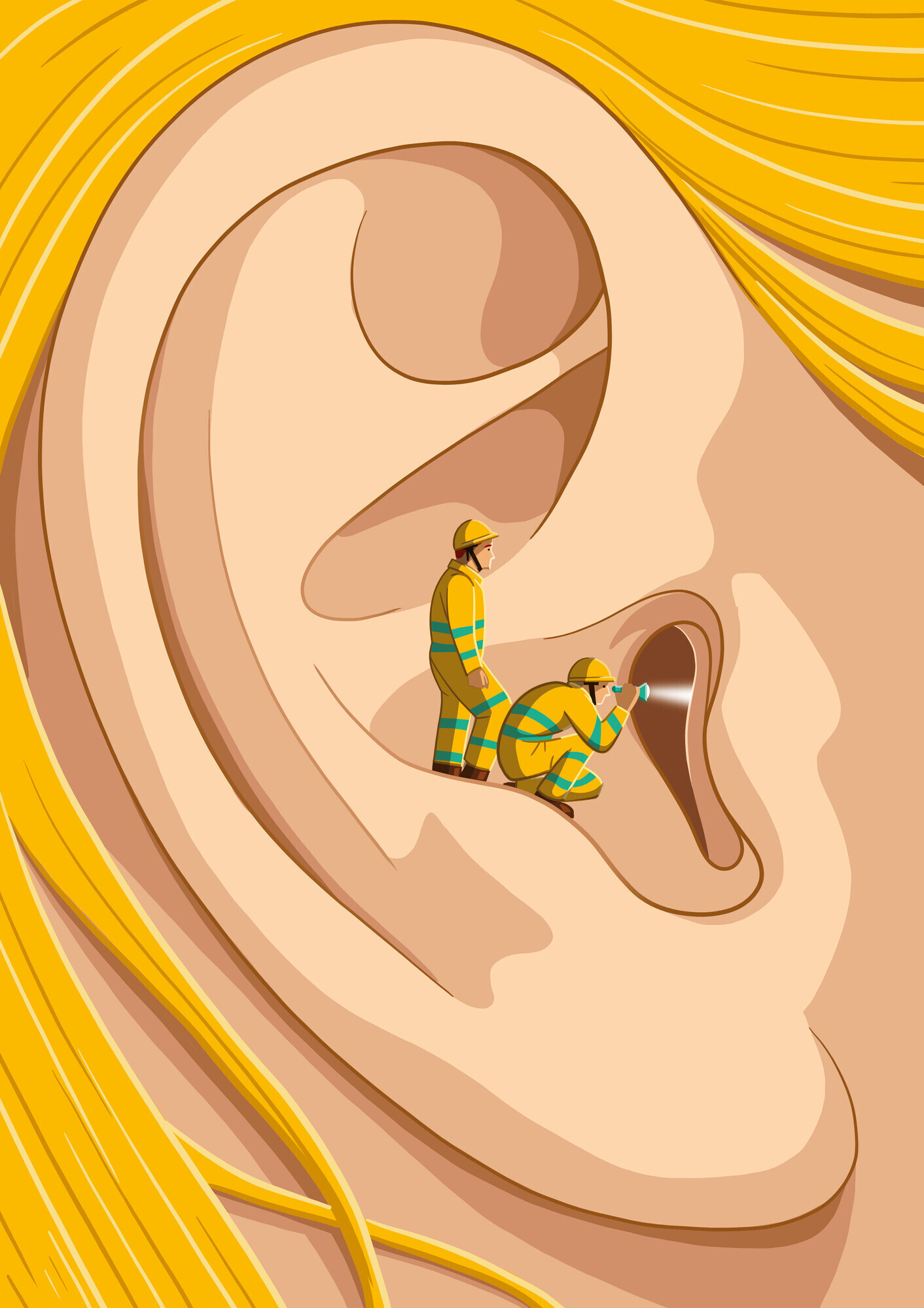 Die Illustration zeigt zwei Forschende in einem Ohr, diese sind auf der Suche nach einer objektiven Diagnosemöglichkeit der Krankheit. 