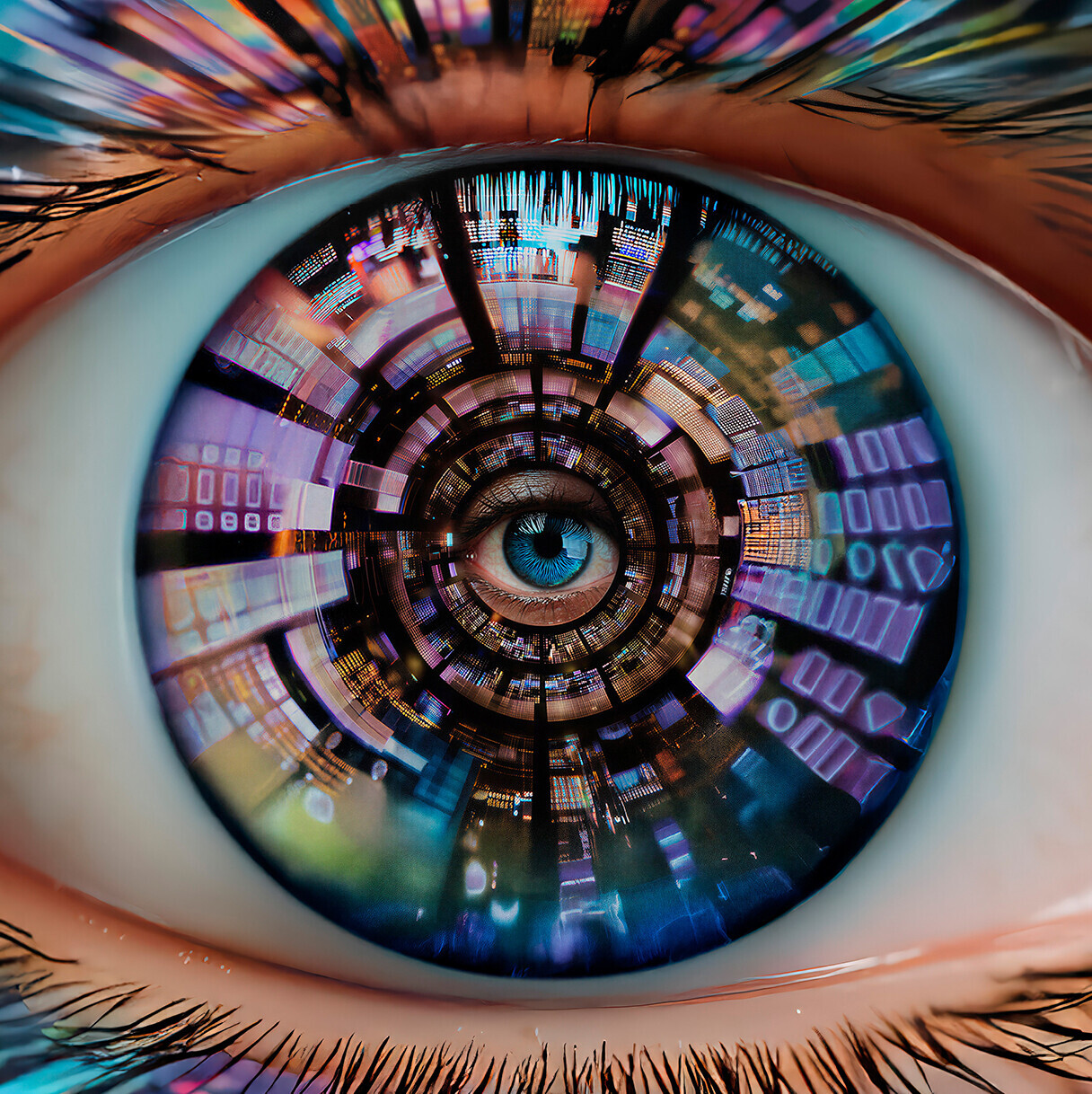 Nahaufnahme eines menschlichen Auges, dessen Iris eine farbig leuchtende, futuristische Tunnelstruktur aus digitalen Mustern und Datenvisualisierungen zeigt.