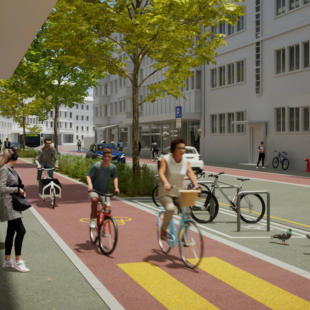 Visualisierung einer Quartierstrasse in einer Velostadt