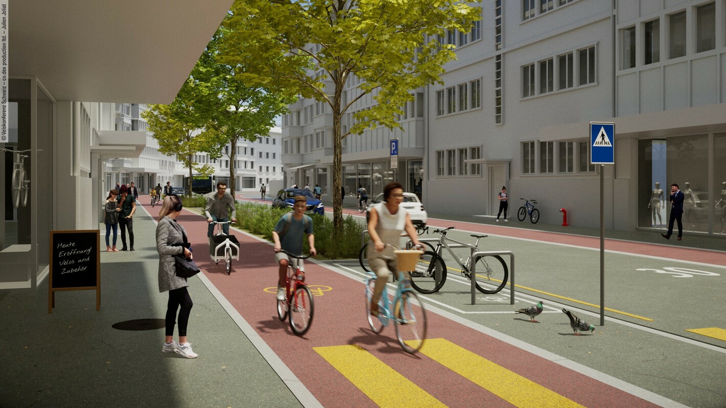 Visualisierung einer Quartierstrasse in einer Velostadt