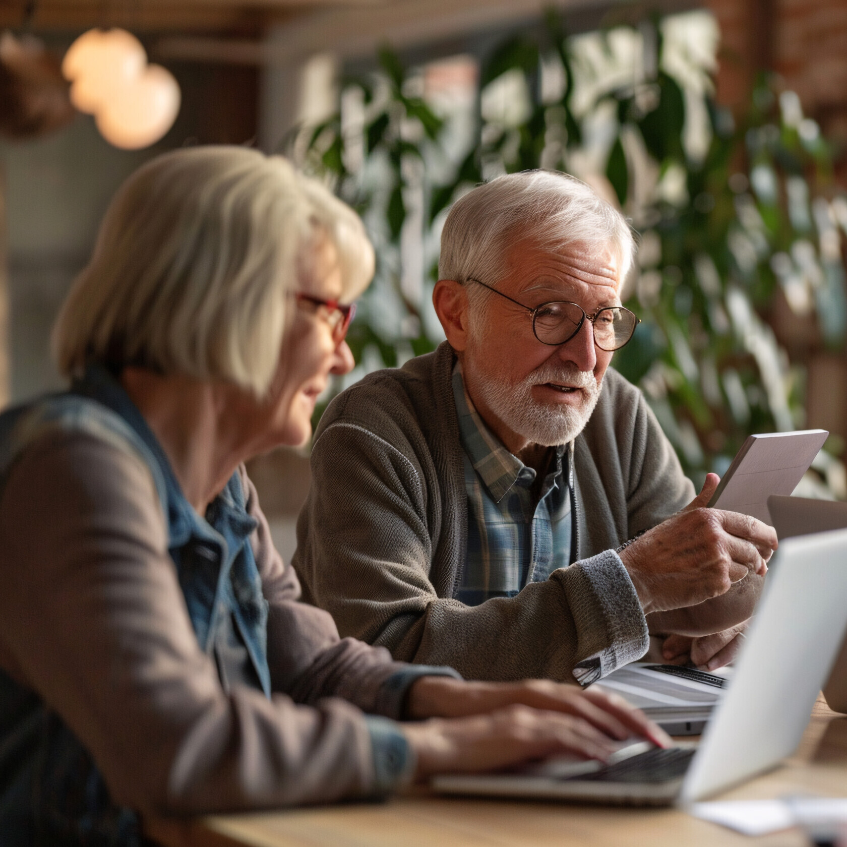 Eine Gruppe von Senioren sitzt an einem Tisch mit Laptops, arbeitet zusammen und hilft sich gegenseitig, konzentriert sich auf ihre Hände, die tippen und diskutieren.