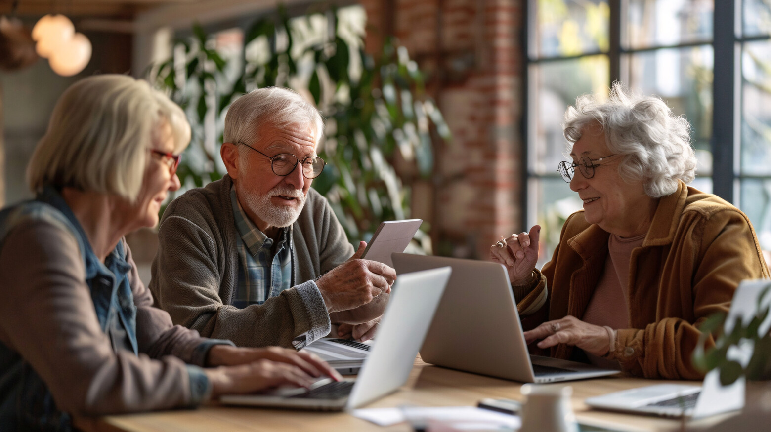 Eine Gruppe von Senioren sitzt an einem Tisch mit Laptops, arbeitet zusammen und hilft sich gegenseitig, konzentriert sich auf ihre Hände, die tippen und diskutieren.