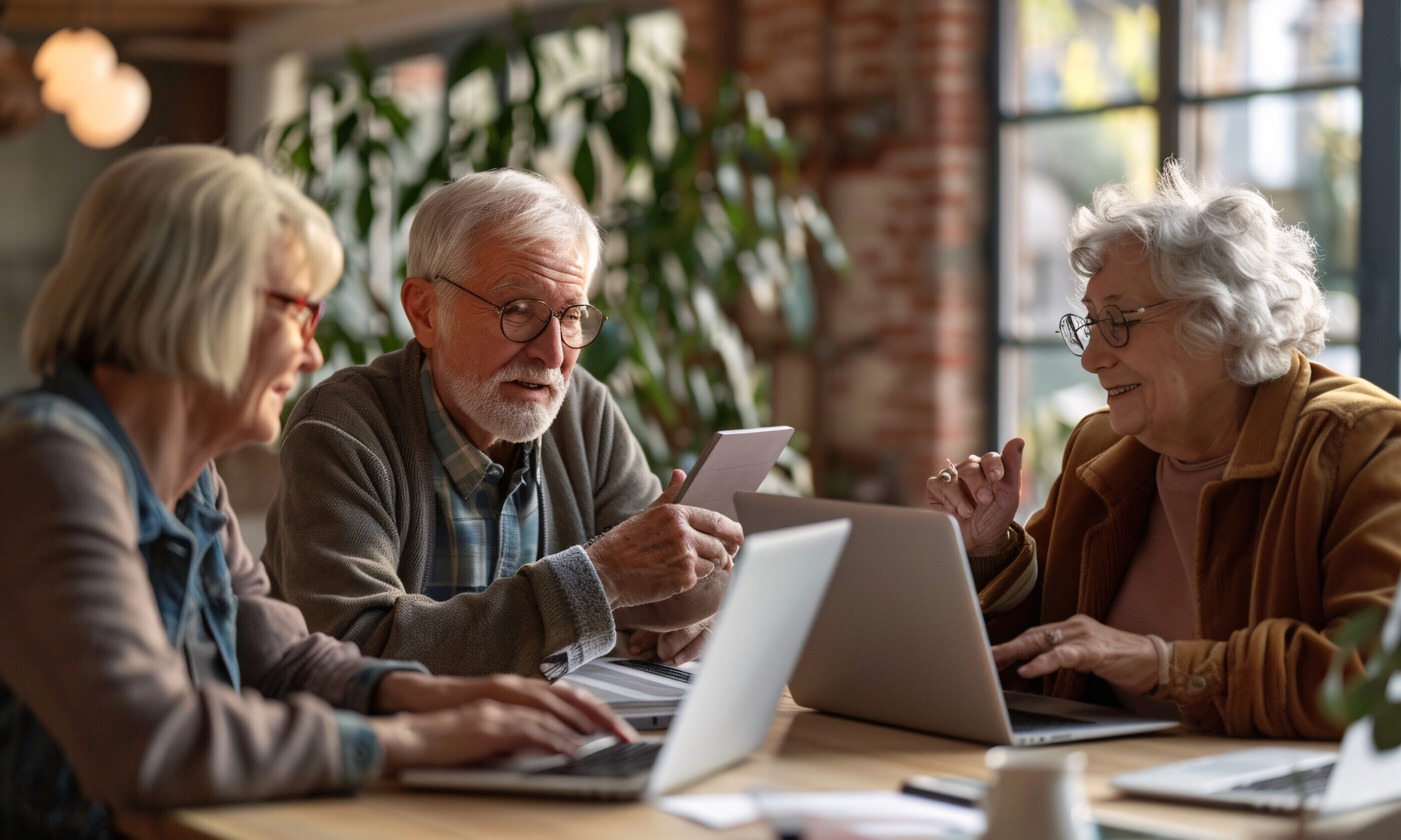Eine Gruppe von Senioren sitzt an einem Tisch mit Laptops, arbeitet zusammen und hilft sich gegenseitig, konzentriert sich auf ihre Hände, die tippen und diskutieren.