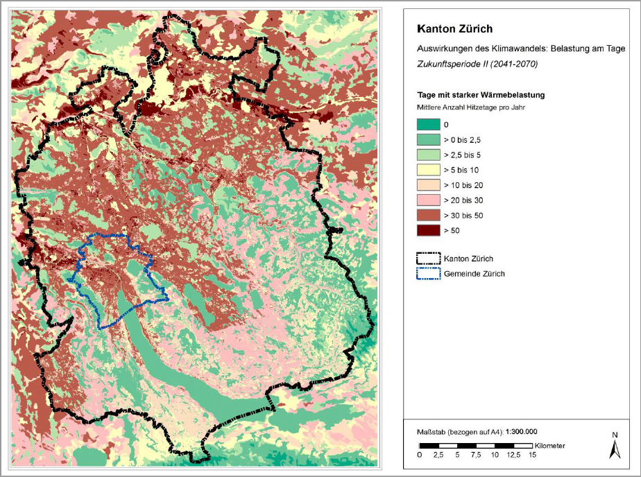 Diese Kartengrafik zeigt die Verteilung von Hitzetagen im Kanton Zürich.