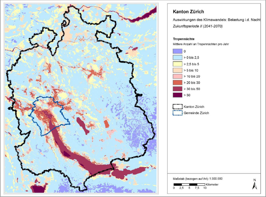 Diese Kartengrafik zeigt die Verteilung von Tropennächten im Kanton Zürich.