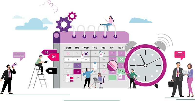 Die Grafik besteht aus verschiedenen Figuren, die am Kalender, an der Uhr oder am Computer arbeiten. Sie sollen die Vielfalt des Arbeitsalltags symbolisieren.