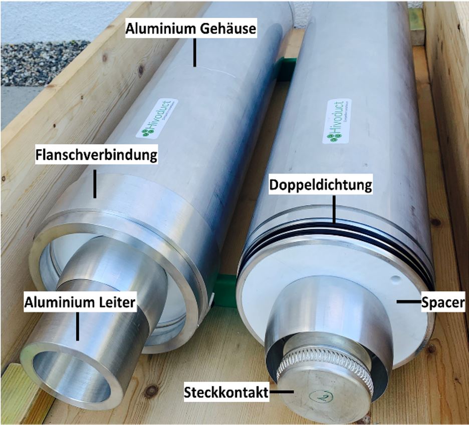 Auf diesem Bild gibt es zwei Alurohre, welche beschriftet sind mit den einzelnen Punkten, die den Strom weiterleiten.