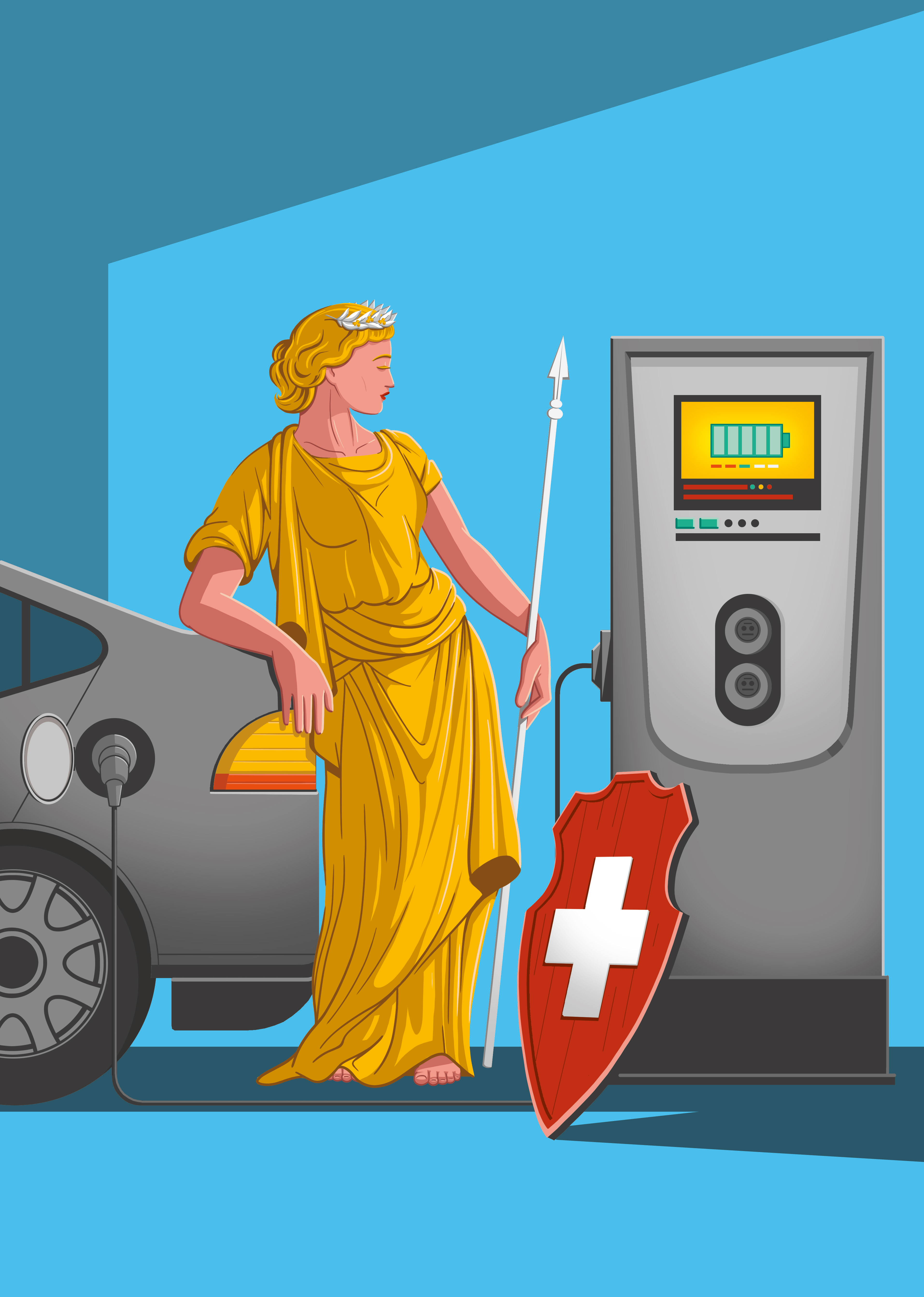Grafik einer Helvetiafigur, die an Tankstelle steht