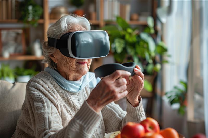 Alte Frau mit VR-Brille.